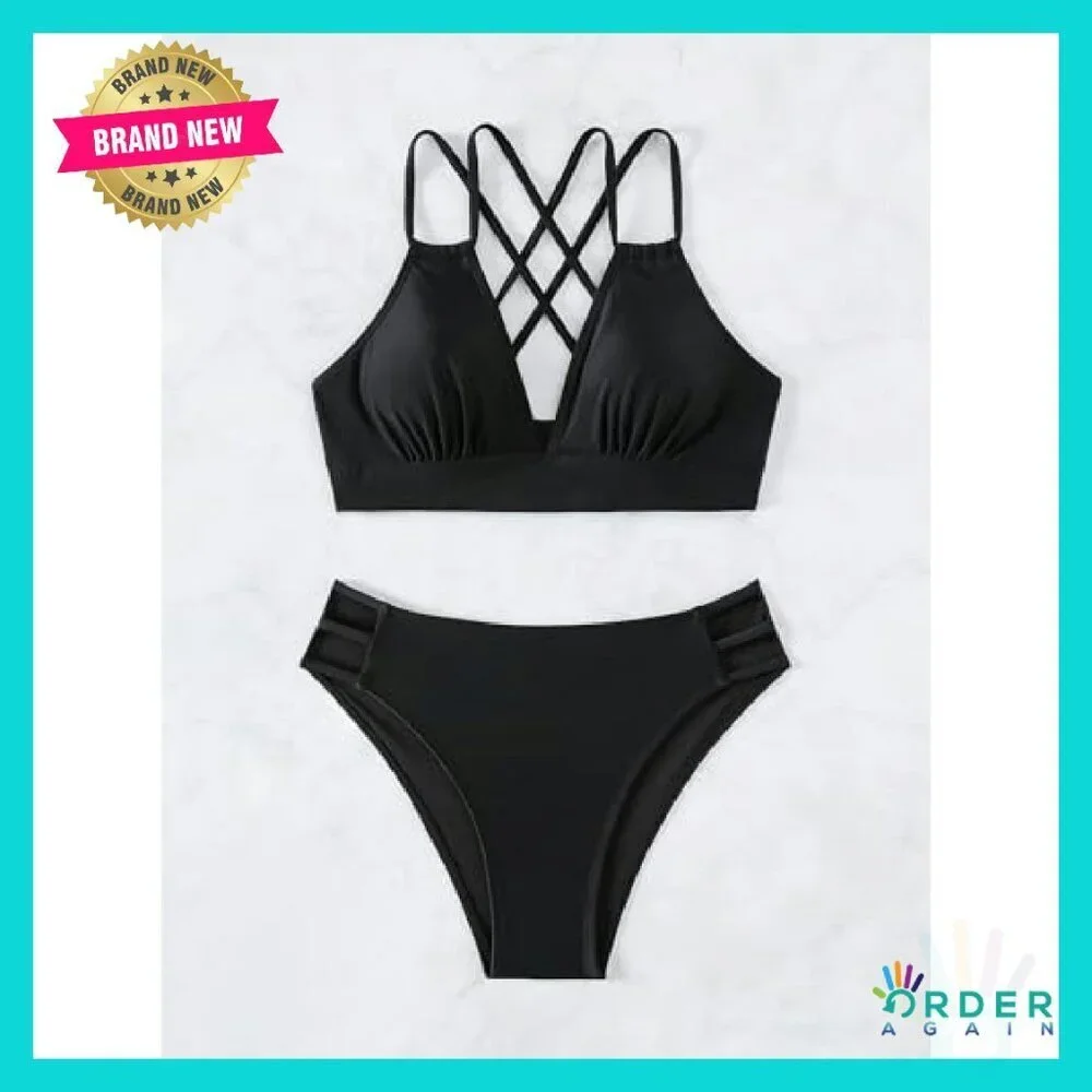 Sexy V Neck Bikini Set Hollow Out Cutout Mid Waist Two Piece Swimsuit